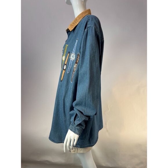 Vintage Bobbie Brooks Denim Button-Up Shirt With Embroidered Watches Plus Sz 24W - Picture 3 of 16